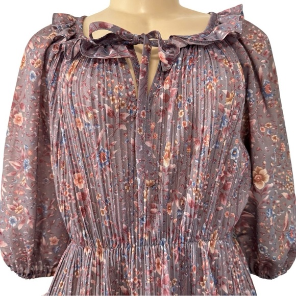 Vintage 70s Gray Floral Keyhole Ruffled Pleated Peplum Chiffon‎ USA Union Made - Picture 3 of 16